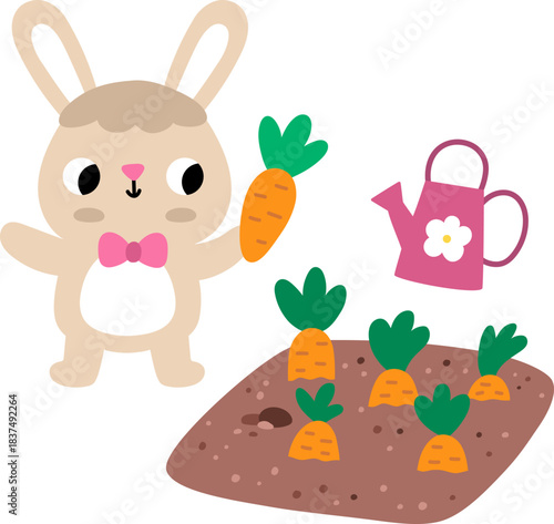 Vector Easter bunny with growing carrots on bed and watering can. Funny rabbit icon. Cute spring, garden or farm animal illustration for kids. Funny hare clipart isolated on white background