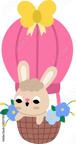 Vector Easter bunny flying on pink hot air balloon with flowers. Funny rabbit icon. Cute spring or farm animal illustration for kids. Funny hare clipart isolated on white background