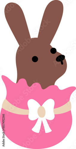 Vector Easter chocolate bunny in pink egg shaped packaging with bow. Funny rabbit icon. Cute spring or farm animal illustration for kids. Funny hare clipart isolated on white background