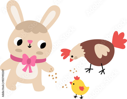 Vector Easter bunny feeding chick with hen. Funny rabbit icon. Cute spring or farm animal illustration for kids. Funny hare clipart isolated on white background