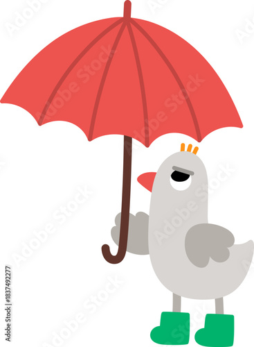 Vector grey bird standing under red umbrella icon. Spring or autumn animal with rain or rainy weather concept. Cute Easter village character illustration for kids isolated on white background