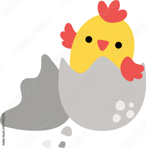 Vector yellow chick getting out of grey egg icon. Farm bird waving wing clipart isolated on white background. Spring or Easter baby chick illustration. Cute domestic animal illustration