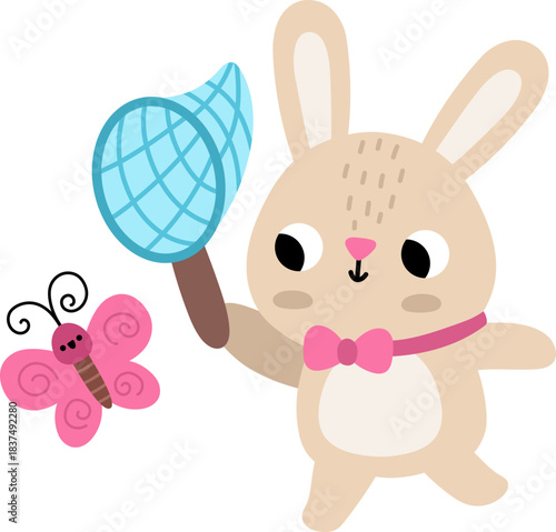 Vector Easter bunny catching butterfly with a net. Funny rabbit icon. Cute spring or farm animal illustration for kids. Funny hare clipart isolated on white background