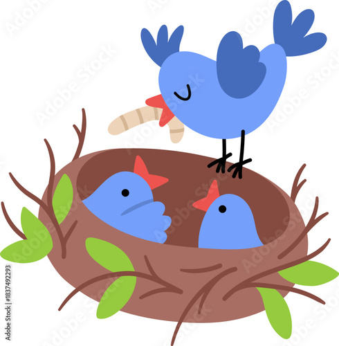 Vector blue bird with warm in beak feeding nestlings in the nest. Farm or Easter village illustration isolated on white background. Cute spring animal clipart for kids