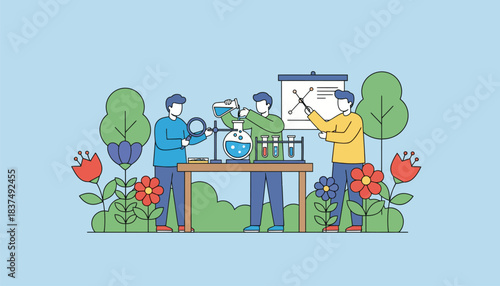 A group project where students work collaboratively on a science experiment surrounded by nature and vibrant flowers.