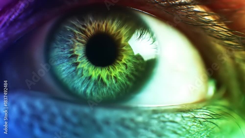Close up of a vibrant green eye with rainbow colors reflecting on the iris and surrounding skin.