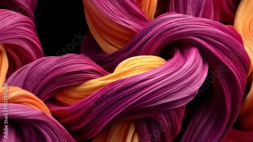 Abstract Macro Close-up of Intertwined Threads in Vibrant Purple and Orange Hues.