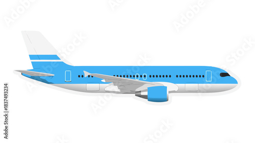 A Detailed Side Profile Of A Twin Engine Jet Airplane Painted In Blue And White With Blue Striped Accents On The Tail And Wing Tip Engines Isolated On A Black Background