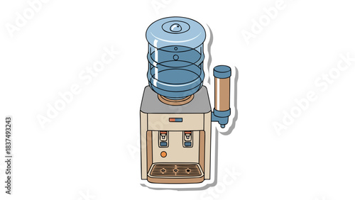 A beige and tan water cooler with a clear blue water bottle on top sits on a black background with a subtle shadow.
