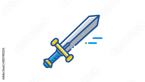 A Blue and Gold Medieval Sword with a Silver Blade Rests Against a Black Background Indicating Power and Combat Ready