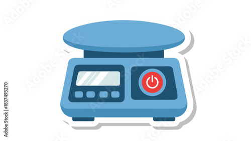 A Blue Digital Scale with a Red Power Button and LCD Screen Displays Measurements for Accuracy and Precision in a Clean White Background