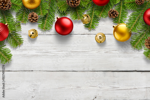 Christmas background with pine branches, jingle bells and colorful baubles on rustic wooden table, festive holiday border with copy space. High resolution.