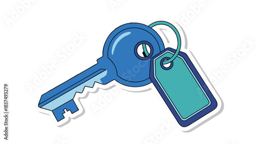 A Blue Metal Key With A Teal Colored Tag Attached Isolated On A Black Background With A White Border Effect Ideal For Real Estate Or Security Concepts
