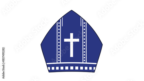 A Blue Mitre Hat With a White Cross Symbol and Decorative Lines on a Black Background