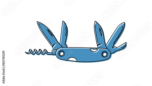 A Blue Pixelated Multi-Tool Pocket Knife with Open Blades and a Corkscrew on a Black Background