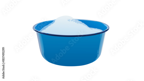 A Blue Plastic Bowl Filled With White Powdered Substance Isolated On A Black Background With Soft Lighting