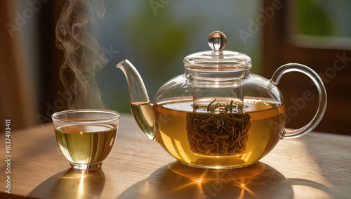 Close-up of a glass teapot. The teapot is filled with fragrant tea leaves clearly visible through the transparent glass. Beside it, a cup of herbal tea sits quietly, and warm steam rises gently. 