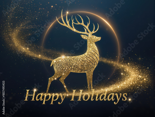 A deer silhouette made of golden sparkles on a dark blue background with the words “Happy Holidays.”	
