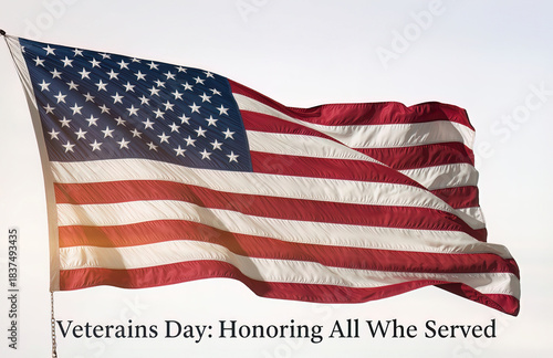 A magnificent American flag, sharp red and white stripes and a constellation of brilliant white stars on a deep blue canton.Prominently centered, is the phrase 'Veterans Day: Honoring All Who Served'.