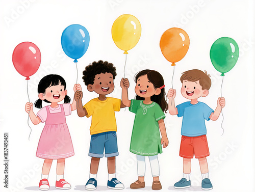 A watercolor illustration of four adorable children of different ethnic backgrounds joyfully holding colorful balloons. The theme is World Children's Day, reflecting happiness and innocence.