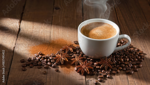 A warm, frothy cup of coffee sits on a rustic wooden table, bathed in atmospheric morning light. Scattered around the cup are dark, roasted coffee beans, a sprinkle of aromatic cinnamon powder.