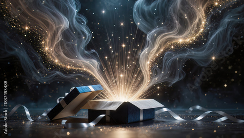 A vibrant blue gift box sits open against a deep, dark background. Ethereal beams of light and shimmering sparkles emanate from within the opened box, suggesting an element of surprise.
