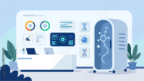 Modern anti-aging clinic vector illustration in futuristic flat medical and longevity treatment style