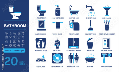 Set of 20 modern bathroom vector icons including toilet, shower, sink, and accessories in filled and outline styles. Perfect for hygiene, home design, and UI projects