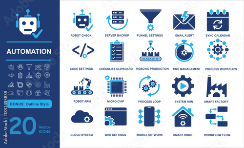Set of 20 automation vector icons including robots, workflows, and smart systems in filled and outline styles. Suited for tech, AI, and process design projects