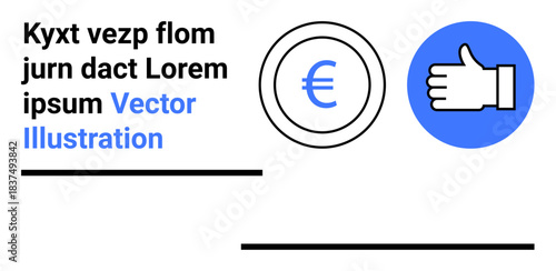 Finance, digital transactions, approval, currency exchange, payment methods, monetary concepts. Euro symbol on a coin and thumbs-up gesture in blue. Finance and digital transactions concept