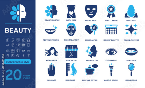 Set of 20 modern beauty vector icons including profile, body care, facial mask, and cosmetics in filled and outline styles. Perfect for wellness, salon, and fashion projects