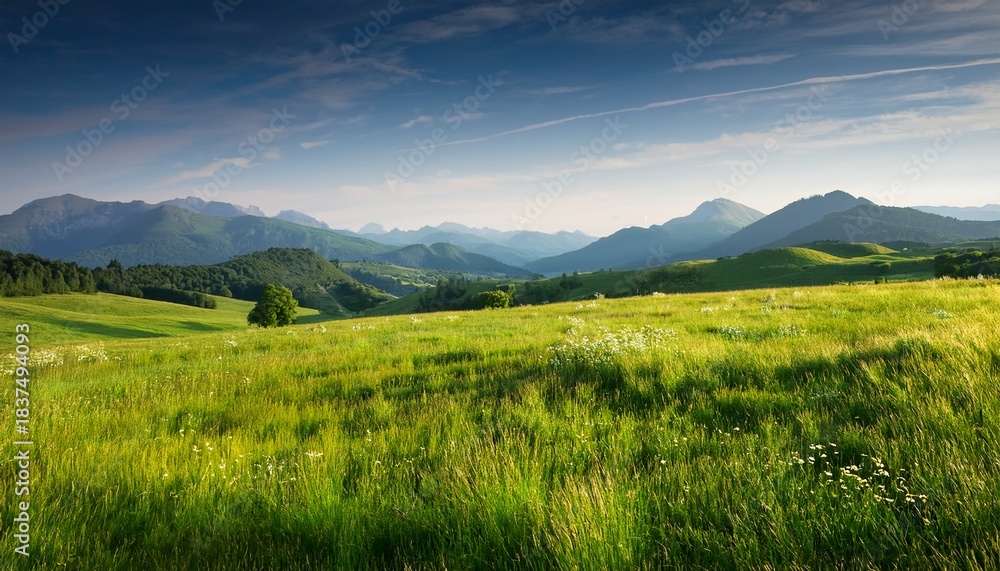 Fototapeta premium serene countryside meadow with lush grass and distant mountains