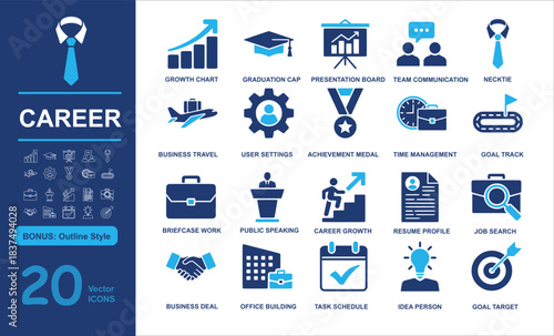 Set of 20 modern career vector icons including growth chart, graduation cap, presentation board, and professional tools in filled and outline styles. Perfect for business, development, and HR projects