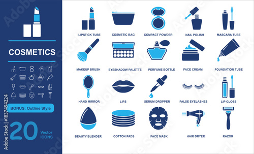 Set of 20 modern cosmetics vector icons including lipstick tube, cosmetic bag, compact powder, and beauty tools in filled and outline styles. Perfect for fashion, makeup, and wellness projects