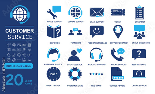 Set of 20 modern customer service vector icons including tools support, global help, email, and feedback in filled and outline styles. Perfect for business, support, and communication projects