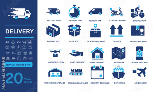 Set of 20 modern delivery vector icons including fast delivery, van, scooter, and logistics elements in filled and outline styles. Perfect for e-commerce, shipping, and transport projects