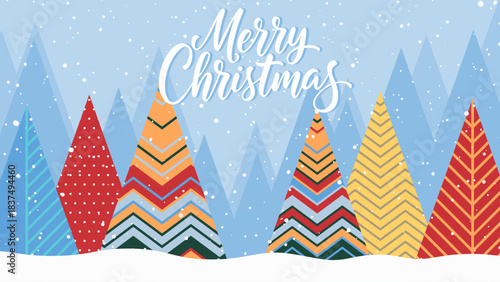 Merry Christmas Hand Drawn Lettering. Christmas Greeting Card. Colorful Patterned Trees.