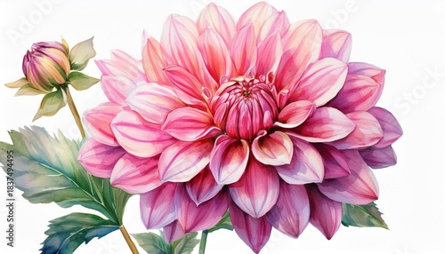 watercolor pink dahlia flower with intricate petals and green stem on white background bloom blossom isolated on a white background