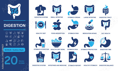 Set of 20 modern digestion vector icons including digestive system, intestine, stomach, and health elements in filled and outline styles. Perfect for medical, biology, and wellness projects