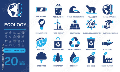 Set of 20 modern ecology vector icons including battery, recycling, conservation, and green energy in filled and outline styles. Perfect for environment, sustainability, and eco projects