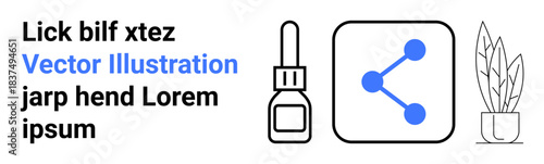 Social media, science tools, digital sharing, minimal design, online communication, natural therapy. Dropper, sharing symbol and potted plant. Social media and science tools concept