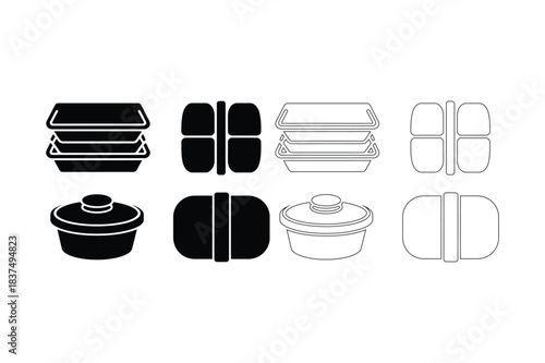 Food packaging and meal prep container icons set, outline and solid