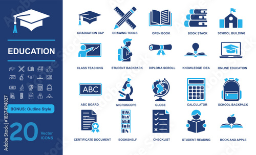 Set of 20 modern education vector icons including graduation cap, tools, books, and learning elements in filled and outline styles. Perfect for school, teaching, and e-learning projects