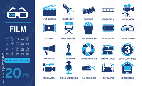 Set of 20 modern film vector icons including clapper, stage light, film strip, and cinema tools in filled and outline styles. Perfect for entertainment, movie, and production projects