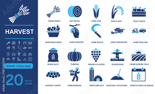 Set of 20 modern harvest vector icons including grain sheaf, hay bales, corn cob, and farming tools in filled and outline styles. Perfect for agriculture, farming, and seasonal projects