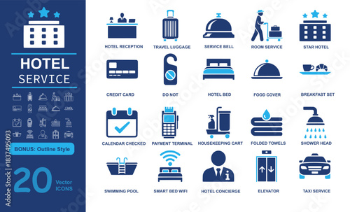 Set of 20 modern hotel service vector icons including reception, luggage, bell, and amenities in filled and outline styles. Perfect for travel, hospitality, and tourism projects