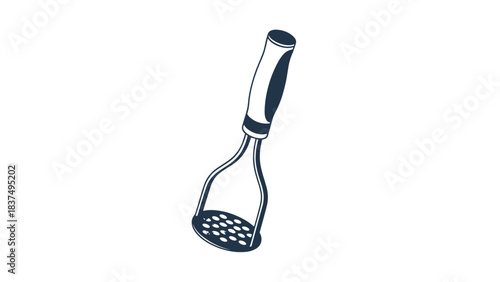 A Handheld Potato Masher Tool with a White and Blue Handle on a Black Background Simple Kitchen Utensil for Food Preparation Isolated Studio Shot