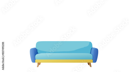 A Light Blue Two Seater Sofa With Yellow Trim and Wooden Legs on a Black Background