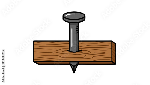 A Metallic Nail Driven Through a Wooden Plank with a Black Background and Simple Illustration Style