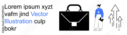 Career advancement, business opportunities, professional life, personal development, entrepreneurship, team success. A briefcase, woman with a notebook and upward arrows. Career growth and business